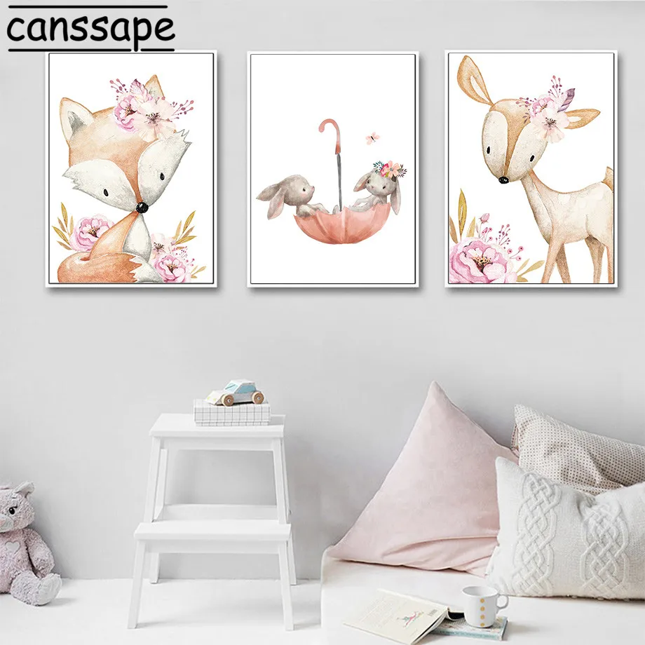 Лиса рисунок оленя на холсте кролик плакат для детской стены репродукции