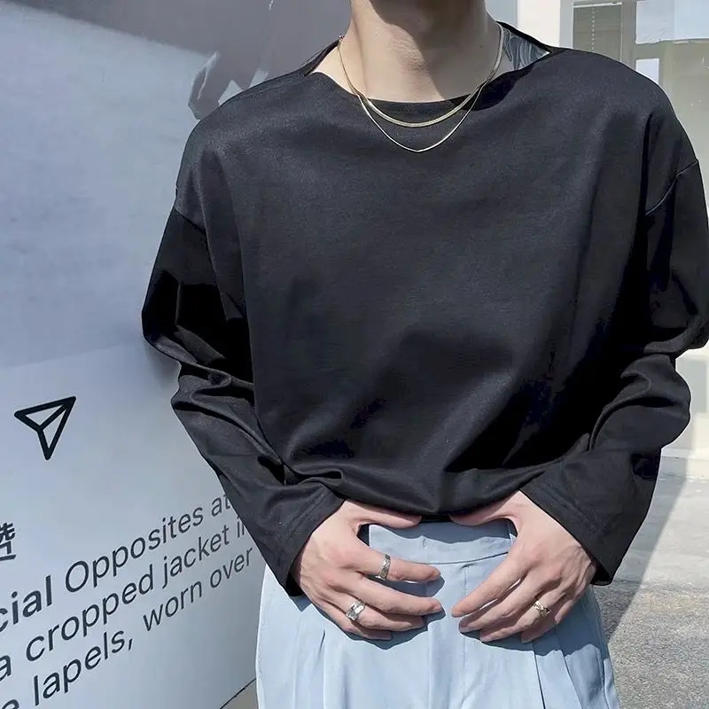 

Fonekie Long Sleeve T Shirt Mens Handsome One-neck Design Sense Tshirts Loose Bottoming Shirts 2021 Spring Autumn Senior Clothes