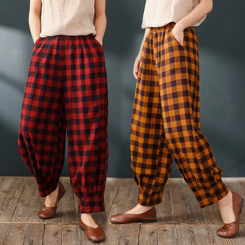 

2022 Spring Autumn New Women Plaid Pants Trousers Female Elastic Waist Harem Pants Ladies Vintage Plaid Pants Causal Pants H161