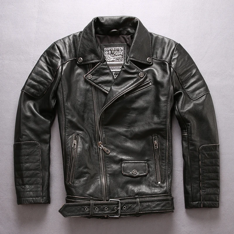 

motorcycle Men's vintage leather jacket with belt pattern lapel zipper cow leather coat men slim fit rivet biker jacket male