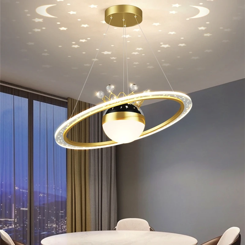 

2022 Nordic Light Luxury Crown Starry Sky Pendant Lamp Creative Moon Planet Sky Star Night Chandelier for Dining Room Bedroom