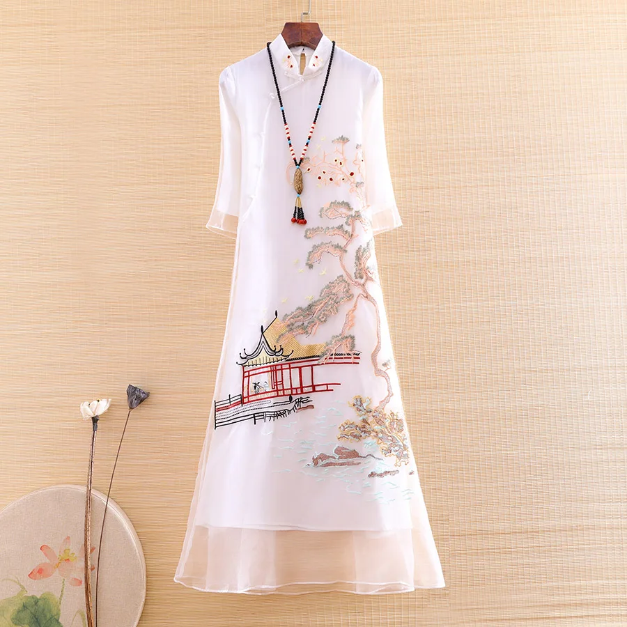 Высококачественное летнее женское платье Ципао из органзы в китайском стиле