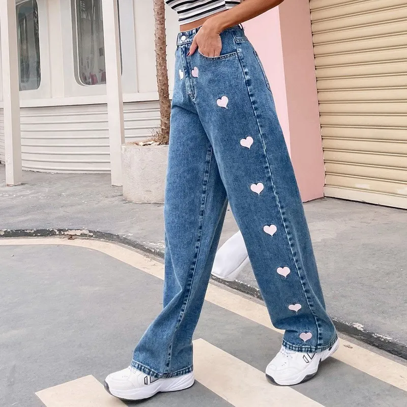 

New Heart Print Jeans Pants Y2K Retro High Waist Pants Harajuku Denim Pants For Women Straight Jeans 90S Autumn Spring Pants