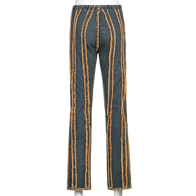 

Vintage Burr stitching Jeans Women Mid Waist Straight Denim Pants Contrast Stitched Distressed Denim Trousers 2021 p2391