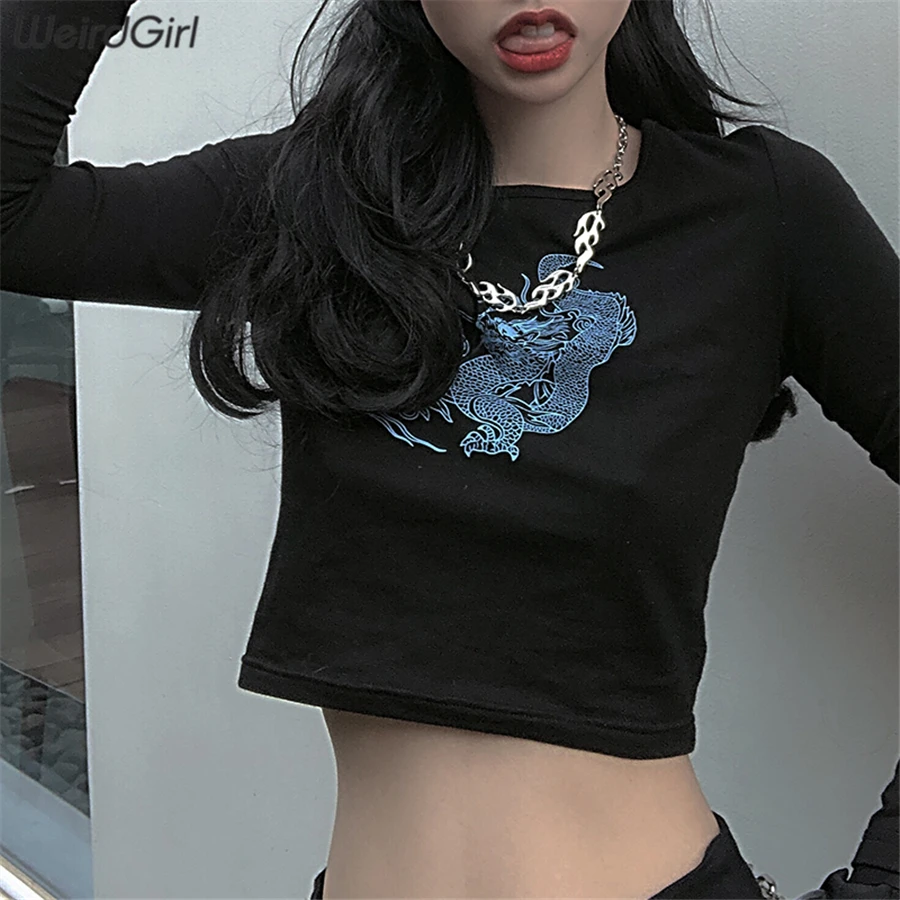 Weirdgirl, женские футболки с принтом дракона, модные, с круглым вырезом, с длинным рукавом, тонкие, Harajuku, женские топы, Новое поступление, Осенние футболки