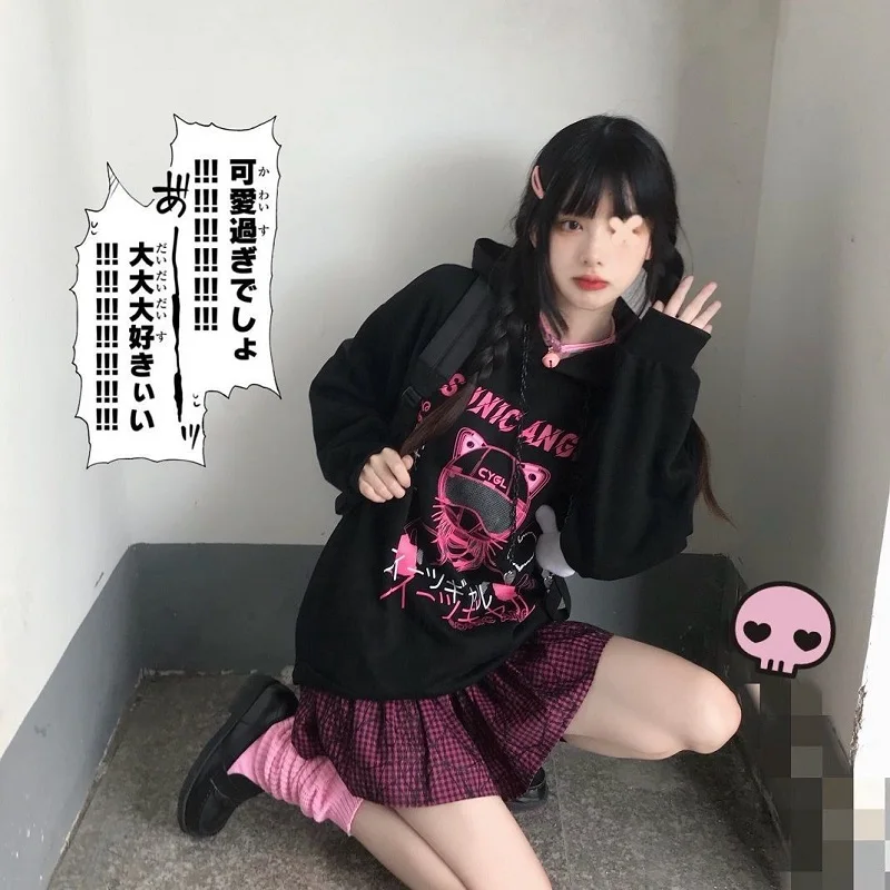 

Женская толстовка с капюшоном ZOGAA, черная Свободная Толстовка с длинным рукавом и принтом кошки в готическом стиле, одежда в стиле панк на ос...