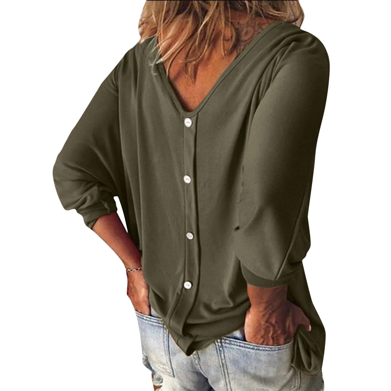 

Plus Size Fashion Button T-Shirt V-Neck Casual Autumn Winter Ladies Tops Solid Female Women Long Sleeve Shirt Blusas Pullover
