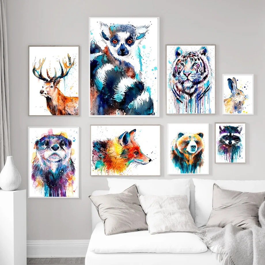 

Watercolor Raccoon Grizzly Otter Lemur Rabbit Wall Art Canvas Painting Nordic Posters And Prints Wall Pictures Kids Room Decor