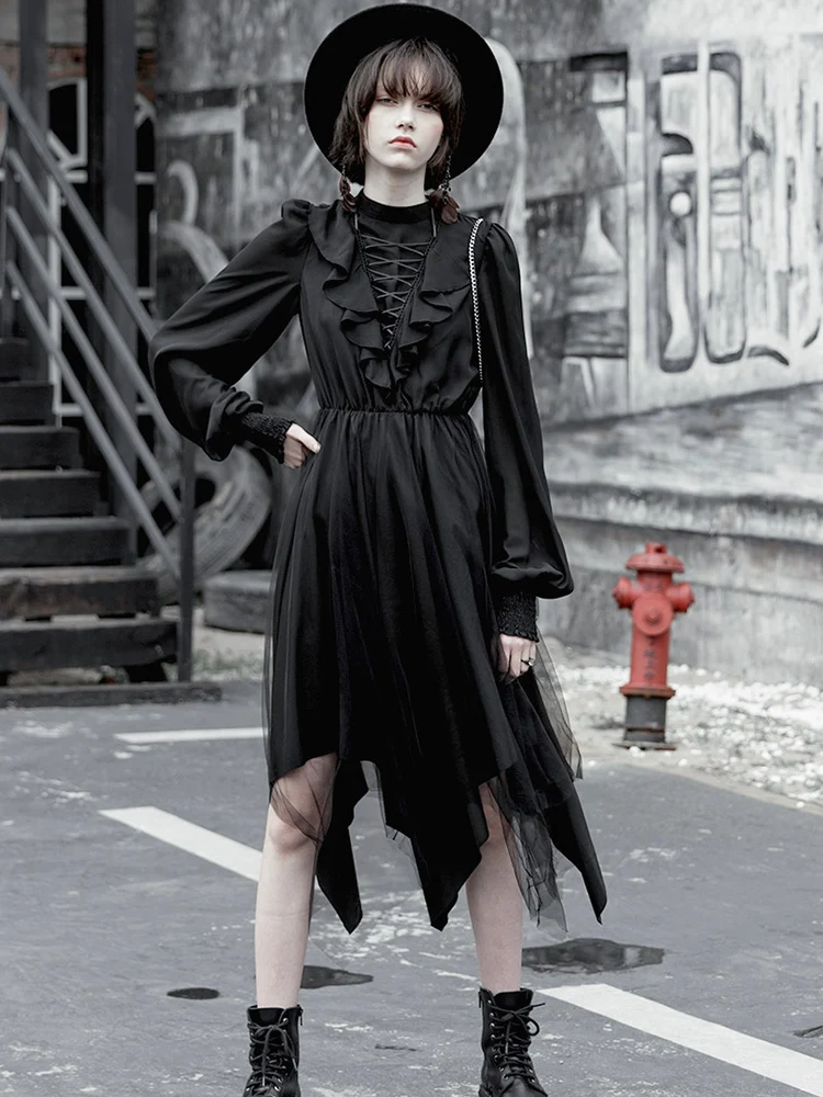 Женское длинное платье в стиле панк-рейва готическое с высоким воротником модные