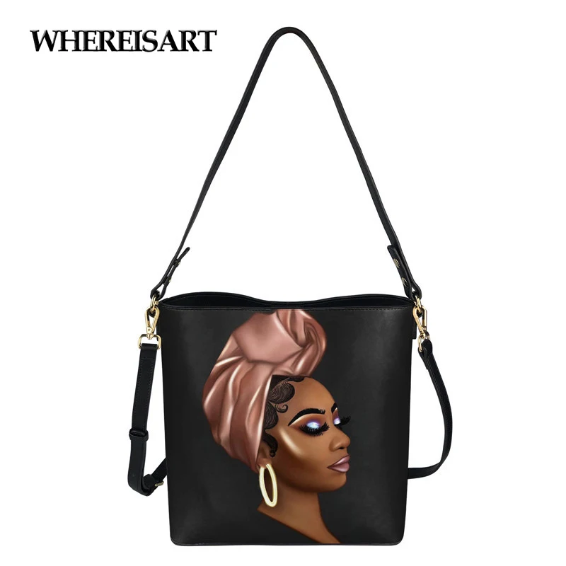 

WHEREISART African Girl Black Queen Print Messenger Bag Women Bucket Shoulder Bag Large Capacity PU Leather Handbag Adjustable
