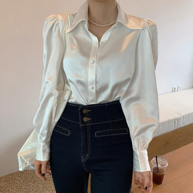 

2021 Spring Loose Satin Women Shirts Blouses Button Long Sleeve Office Solid Shirt Women White Blouse Tops Blusas Mujer