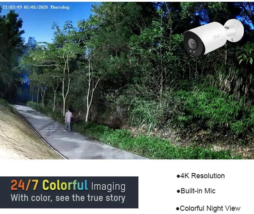 8 Channel 4K IP PoE Security Camera System 8ch 4K NVR and 8 8MP Colorful Night View Bullet PoE IP Cameras with 4TB HDD