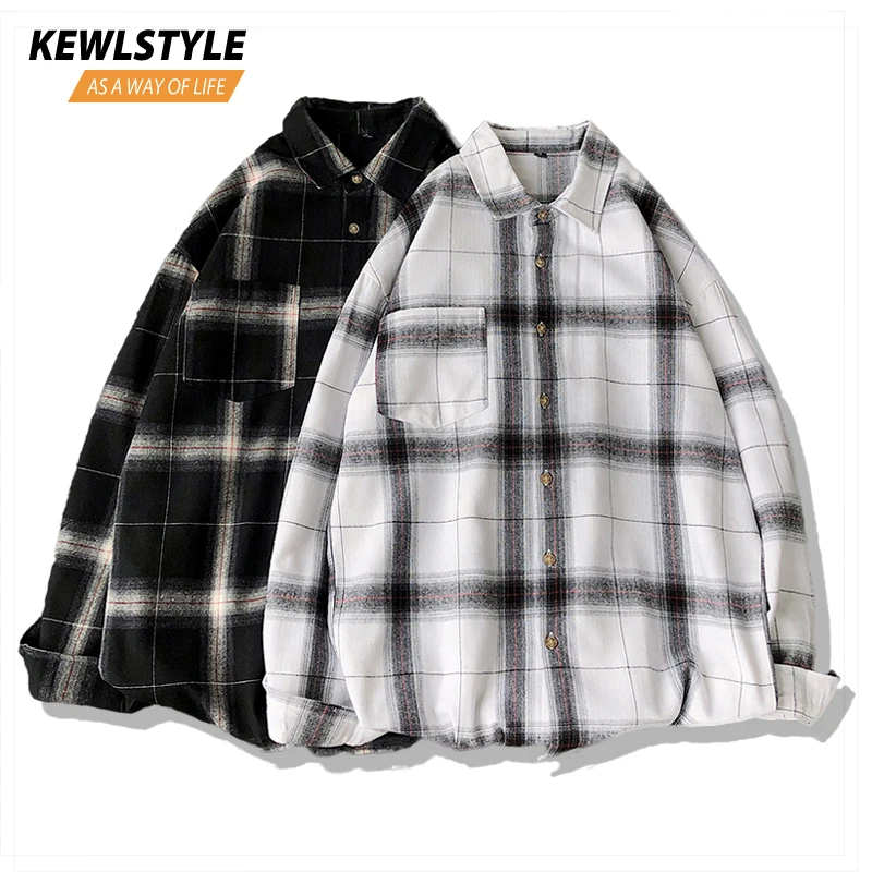 Рубашка мужская повседневная в клетку черная/белая оверсайз с длинным рукавом