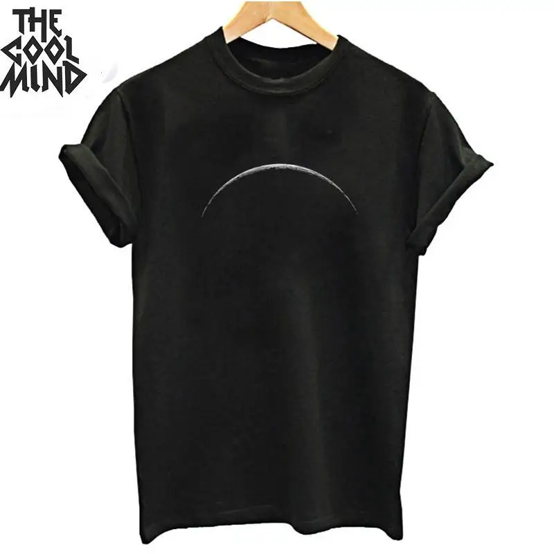 MO0154ZCM-BLK COOLMIND, чистый хлопок, короткий рукав, крутая луна, принт, женская футболка, повседневная, свободная, летняя, женская футболка, крутая, Круглый ворот, футболка, женские футболки - Цвет: MO0154ZCM-BLK