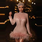 Платья для встречи выпускников, короткие привлекательные розовые Облегающие юбки с бахромой и длинными рукавами, юбки с высоким воротником для школы и конкурса на заказ