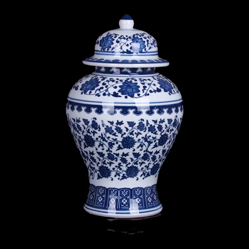 

Jingdezhen Porcelain Vase Ornament Antique Blue And White Cover Jar General Tank Retro Handicraft Porcelain Can Storage Tank