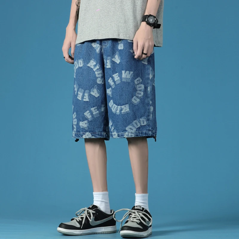 

2021 Summer Men's Shorts Harajuku Fashion Street Style Hip Hop Punk Men's Pants Trend Letter Print Denim Shorts Loose Large Size