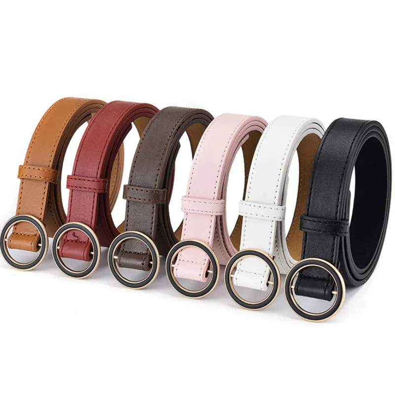 Ремень женский из искусственной кожи гладкий пояс с круглой пряжкой сплава без