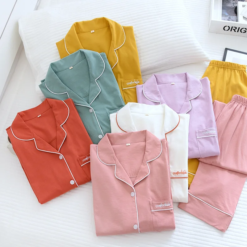 

Women's Pajamas Set Knit Cotton Solid Long Sleeve Two Piece Shirt+Trousers set Sleepwear Thin Comfy Ladies Homewear cute pijamas