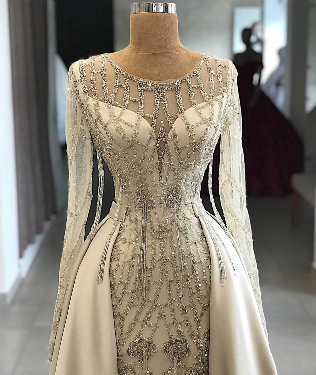 Роскошные вечерние платья с бисером в арабском Дубае длинным рукавом со съемным