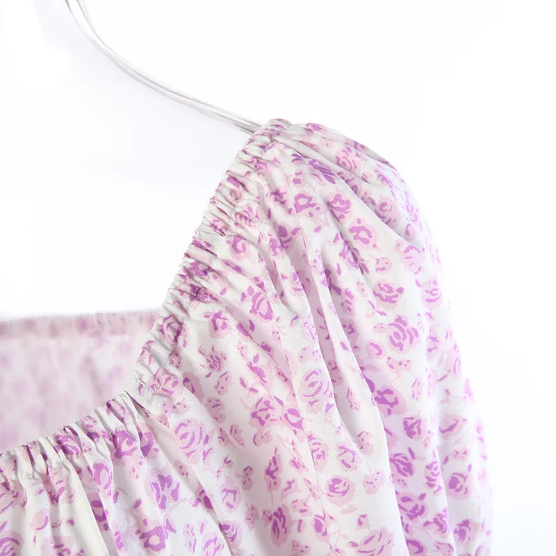 

Floral Printed Side Slit Women Dress Sexy Low Cut Puff Sleeve Backless Purple Blue Elegant High Waist Long Dress Vestidos