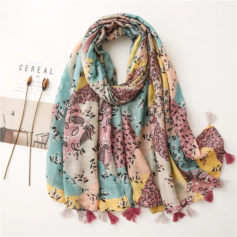 

Women Fashion Bohemian Polka Floral Tassel Viscose Shawl Lady High Quality Print Wrap Pashmina Stole Bufandas Muslim Hijab Snood