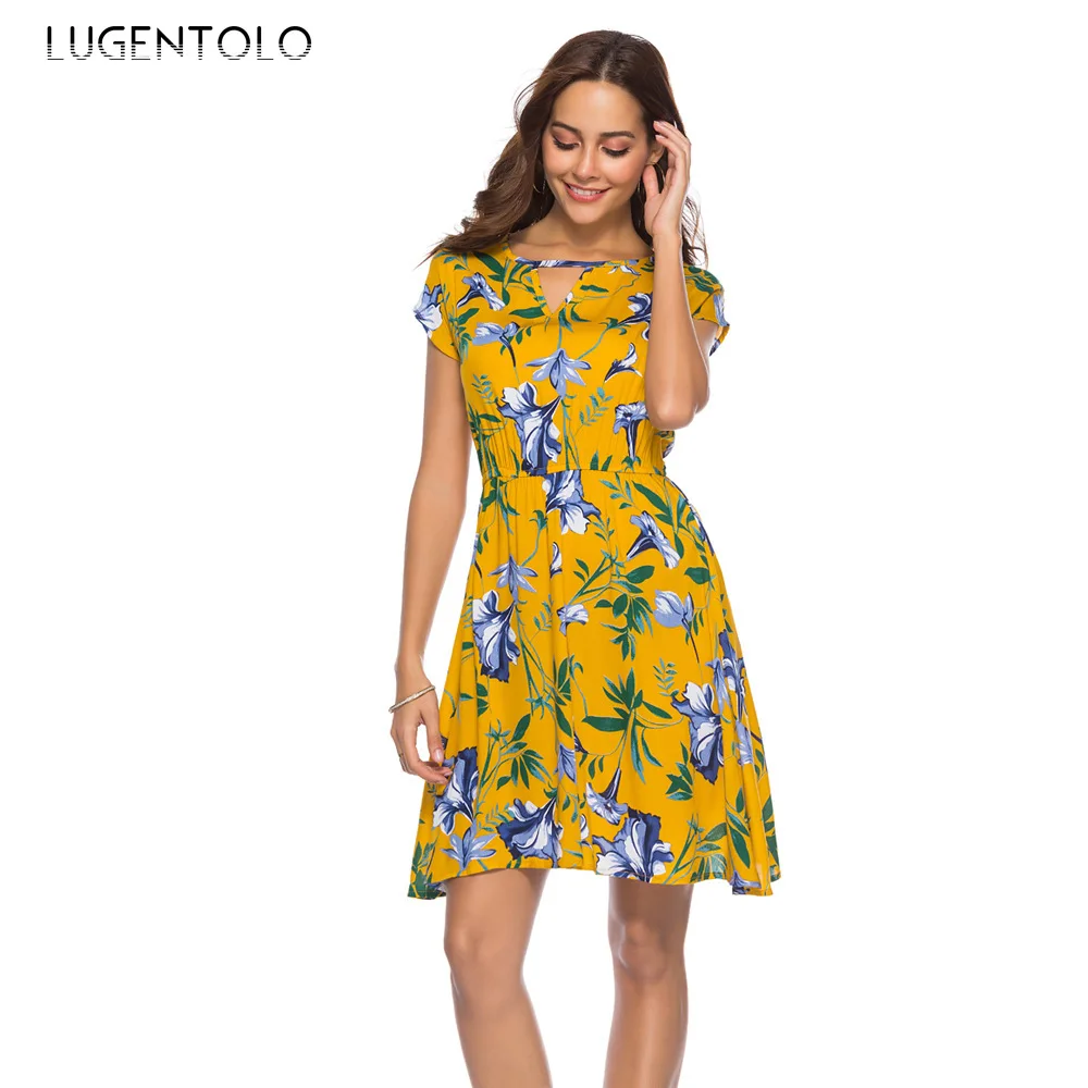 

Женское платье летние футболки с короткими рукавами и круглым вырезом с цветочным принтом, с эластичной резинкой на талии платья леди повсе...