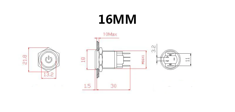 16 мм большая сила тока в амперах 15а металлический кнопочный переключатель