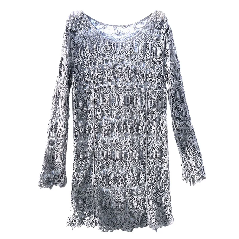 

XUXI 2020 Women New Summer Sexy Bodycon Dress Openwork Knitwear Long Sleeve Beach Lace Loose Ladies Dresses Vintage FZ1352