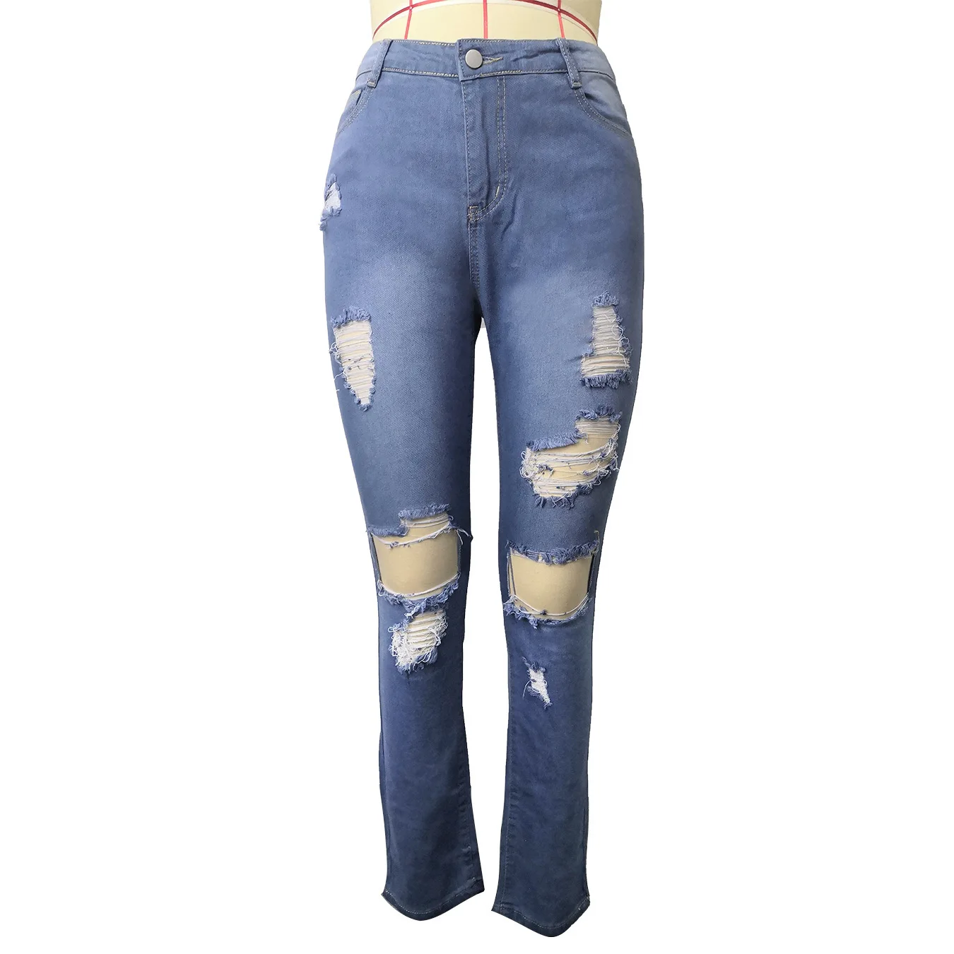 

FNOCE 2020 new women's ripped jeans pants fashion trends eye catching street solid high waist tight elasticity hole pencil pants