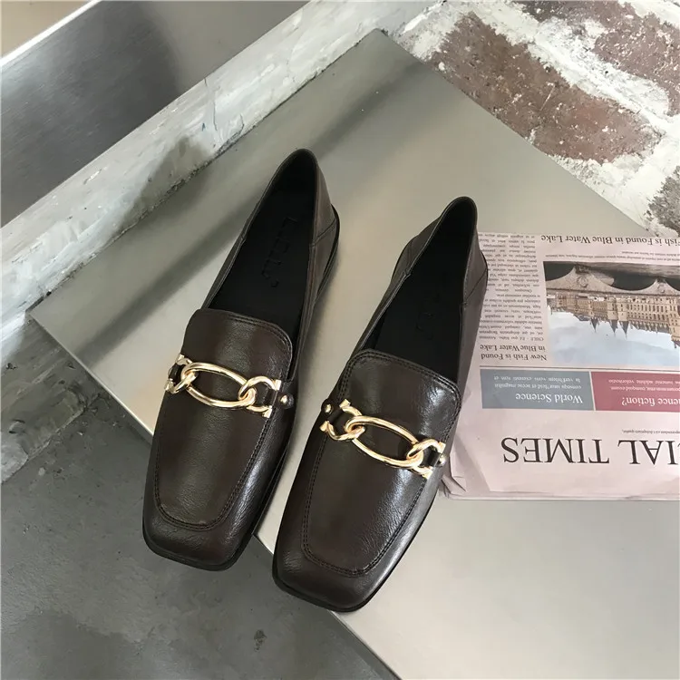 

Summer Shoes Ladies Slip-on Metal Chain Oxfords Women's Casual Female Sneakers British Style Autumn Loafers With Fur Square Toe