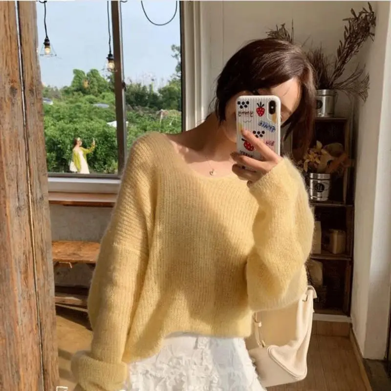 Autumn Women Knitted Sweater Solid Color Mohair Pullover V Neck Sweet Loose Long-sleeve Knitwear Sweaters jumper pull femme Tops | Женская