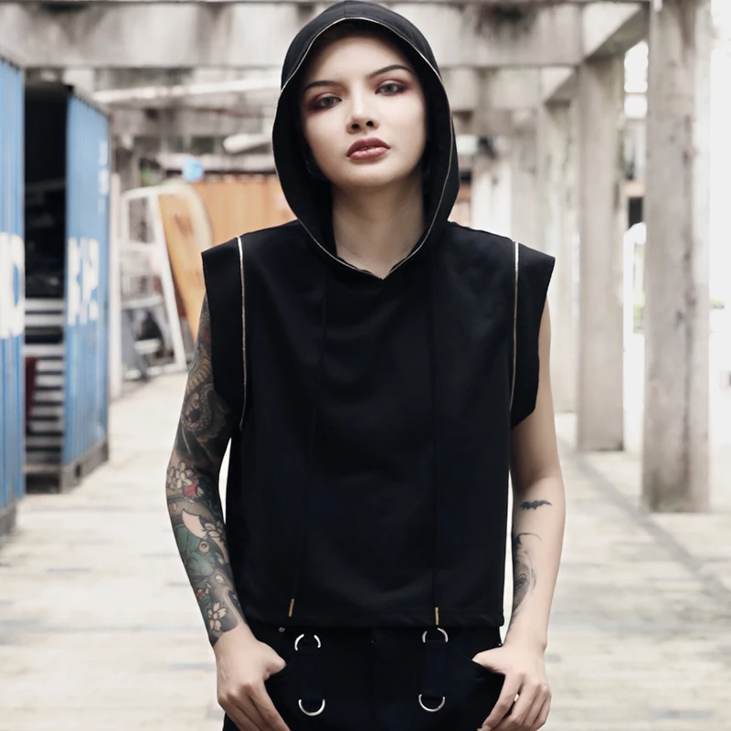 Готический черный женский топ без рукавов белая строчка шнурок с капюшоном