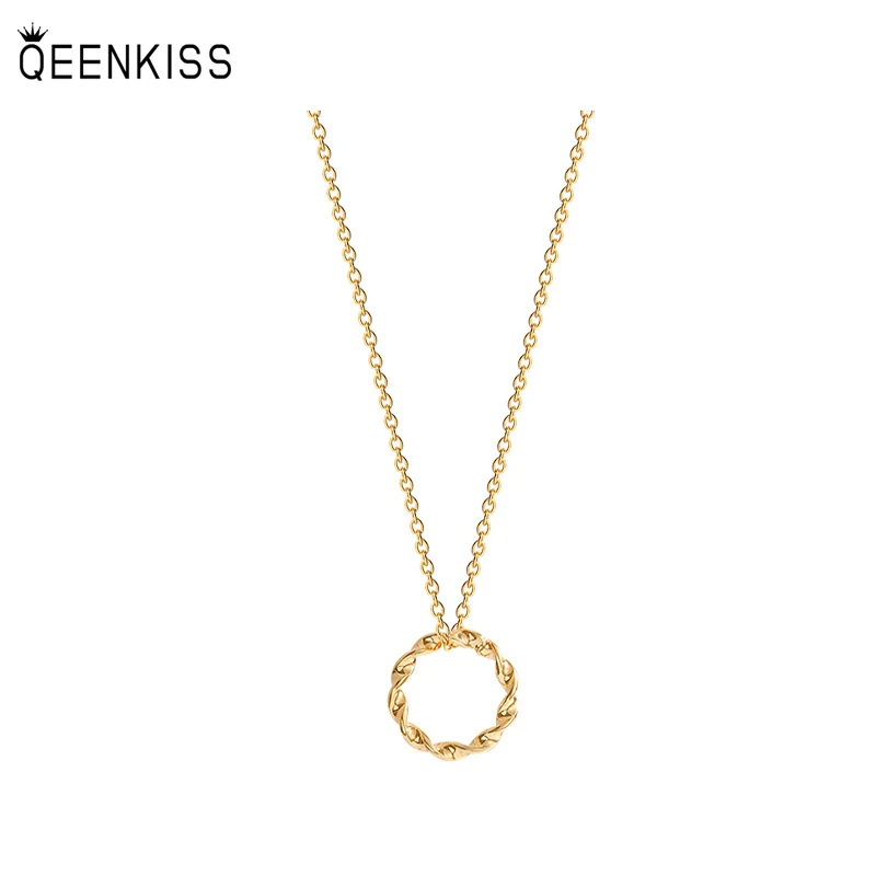 

QEENKISS NC7107 2022 Fine Jewelry Wholesale Fashion Woman Girl Birthday Wedding Gift Circle Twisted 18KT Gold Pendant Necklace