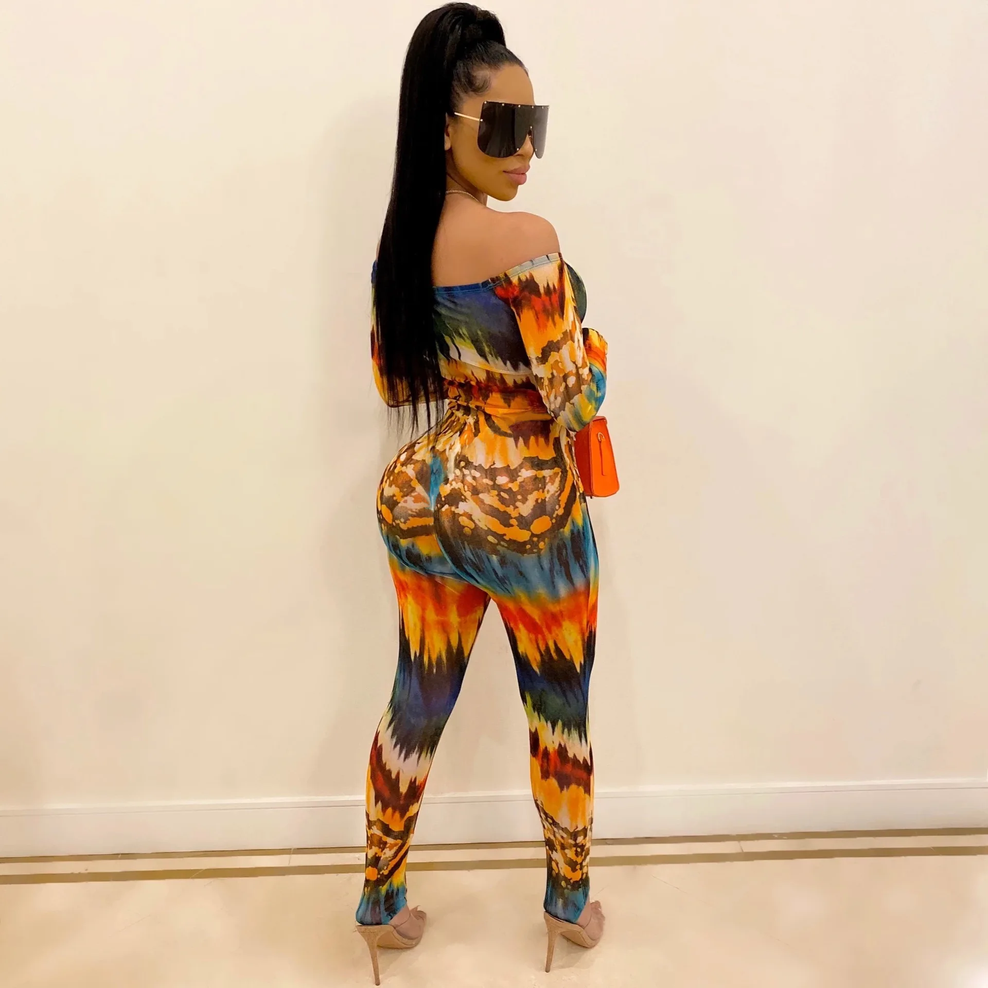 Красочные Tie Dye сексуальные комбинезоны женский комбинезон с открытыми плечами без спинки цельный комбинезон осень Слэш шеи с длинным рукавом Облегающий комбинезон для вечеринок
