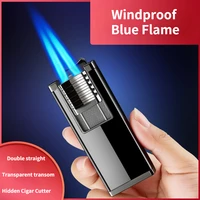new straight blue flame cigar turbo lighter torch transparent visible transom with cigar cutter butane gas lighters mens gift