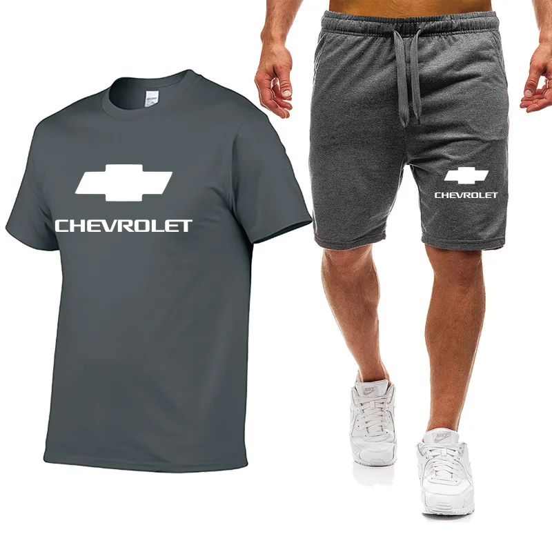 

Summer Mens Short sleeve Chevrolet Car Logo Print Casual Mens T-shirts Cotton High Quality Men's T-shirt + shorts 2-piece set