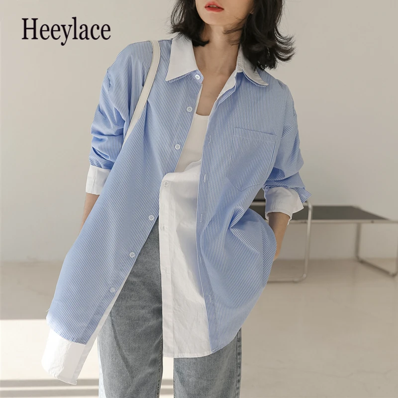 

New 2021 Spring Autunm Women's Blouse Shirt Striped Fake Two Pieces Vintage Patchwork Oversize Lady Wild Tops
