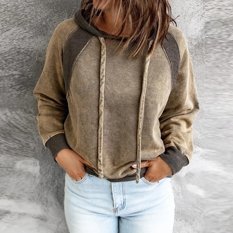 

Women Patchwork Vintage Hoodies Autumn Long Sleeve Drawstring Hooded Tops Pullover Winter Loose Harajuku Sweatshirt Hoodie