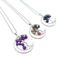 1pc tree of life necklace natural crystal amethyst india agate minerals stone wafer bead jewelry moon shape pendant with chain