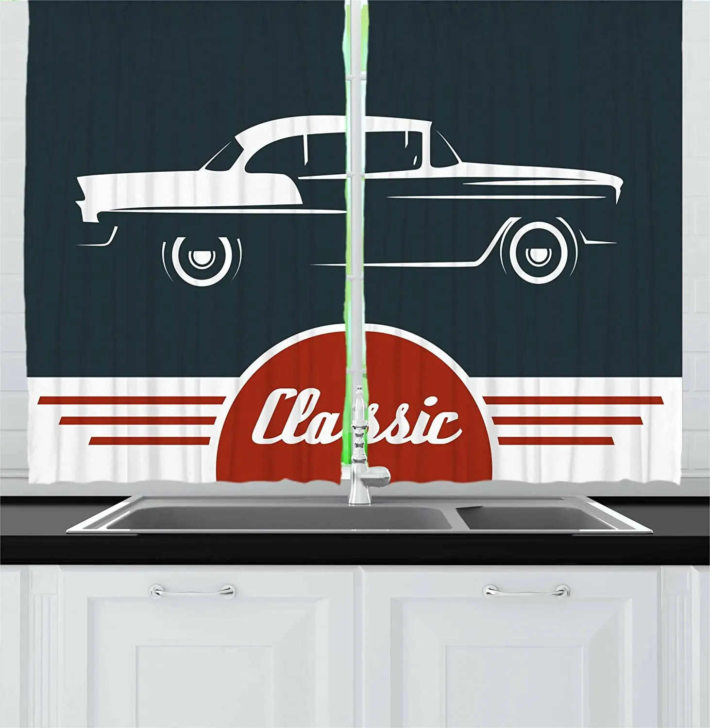

Retro Kitchen Curtains Old Nostalgic Car with Classic Typography Emblem Auto Vintage Graphic Window Drapes for Kitchen Cafe