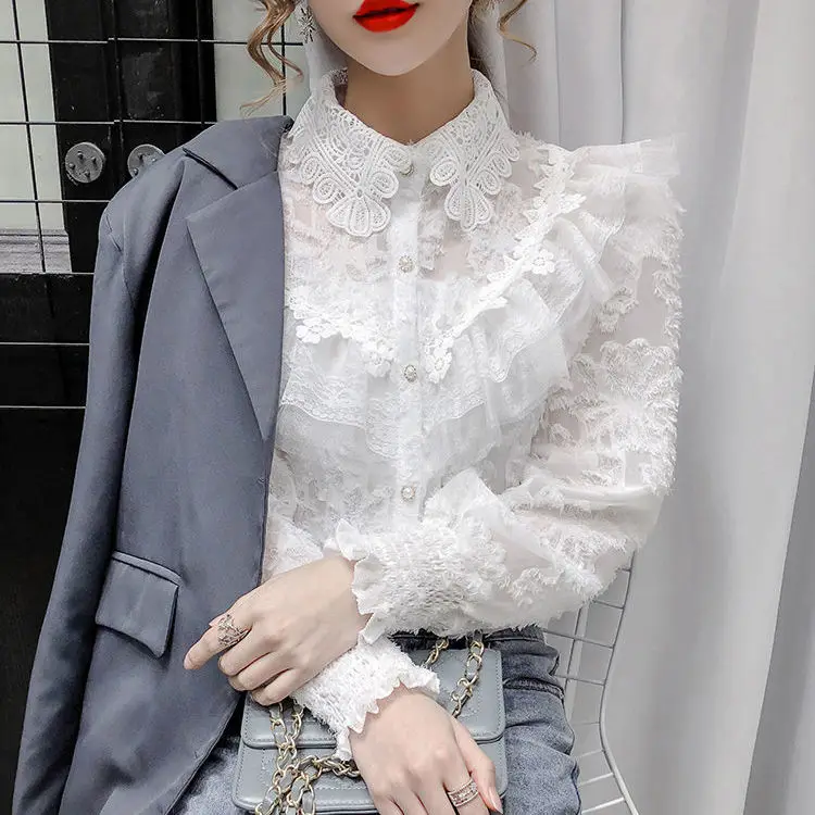 Женская блузка 2021 Осень Зима Стиль кружевная прострочка воротник поло рубашка с