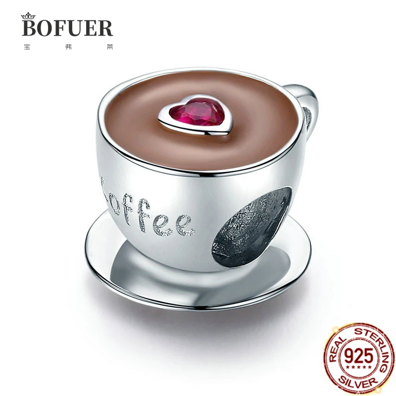 

BOFUER Silver 925 Coffee Cup Charm Pink Heart Bead Fit Original Pandora Charms Bracelet Fashion Jewelry Women DIY B344