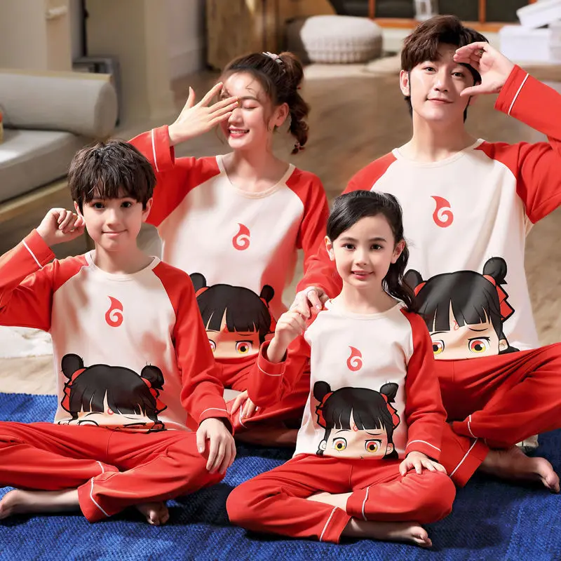 

Children's cartoon print pajamas suitable for a family of four cotton long-sleeved children's home wear spring and autumn suit