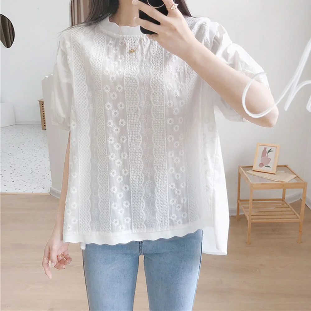 

2021 Japanese Style Summer New Lace Round Neck Puff Sleeve Solid Color Embroidery Blouse Fashion Loose Casual Temperament