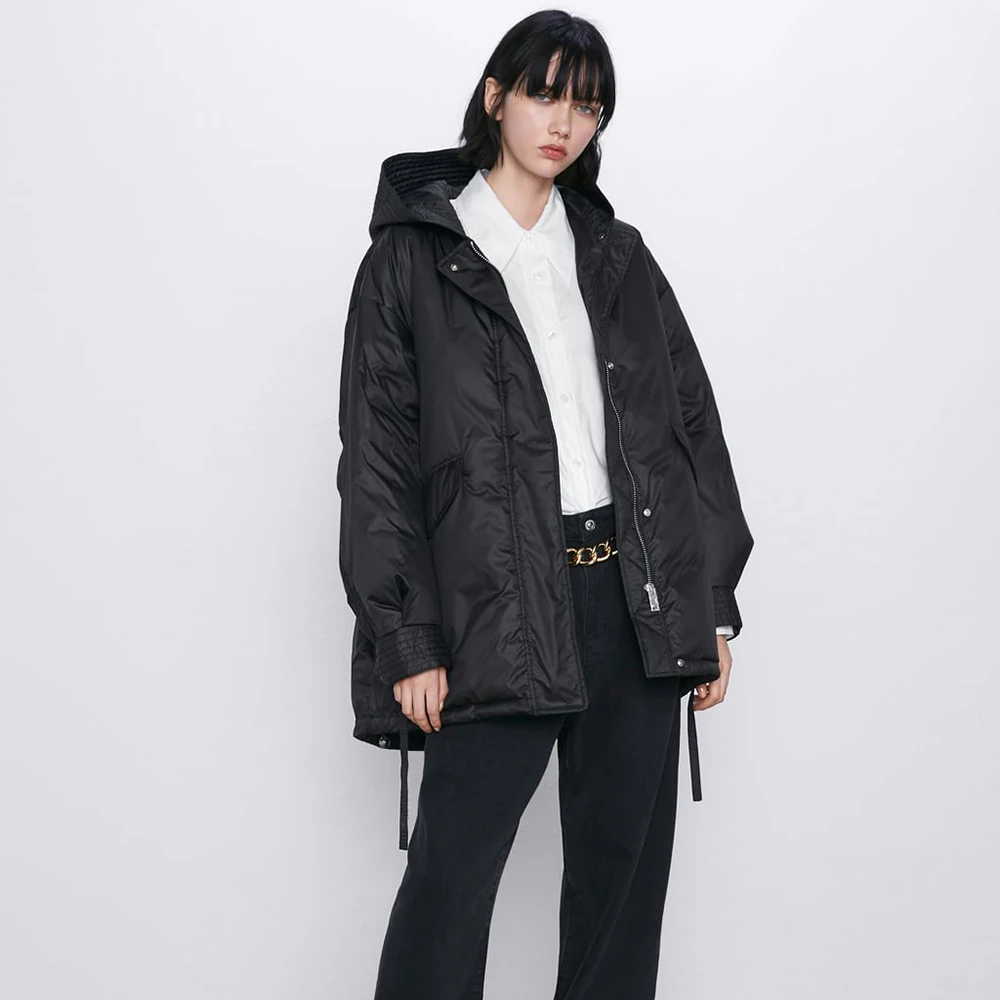 Ladyfirsy ZA хлопковые пальто 2019 зимние женские простые черные с капюшоном утепленные