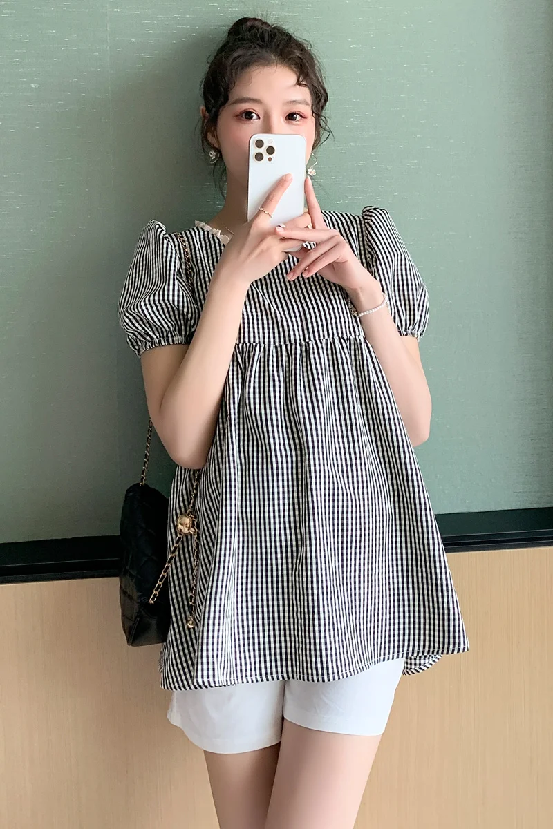 

6676# Summer Thin Plaid Cotton Maternity Shirts Sweet Lovely Tunic Clothes for Pregnant Women Slim Loose Pregnancy Tops