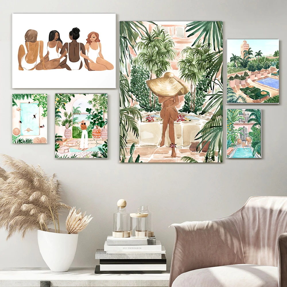 

Moroccan Vacation Poster Tropical Scape Travel Canvas Painting Pool Party Art Print Modern Wall Picture Living Room Home Decor