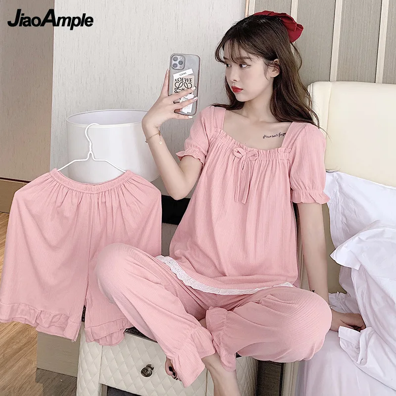 Pajamas Women Summer Autumn Cotton  Short-sleeved Shorts Trousers Pijamas Three-piece Korean Sweet Lace Sexy Nightwear Homewear