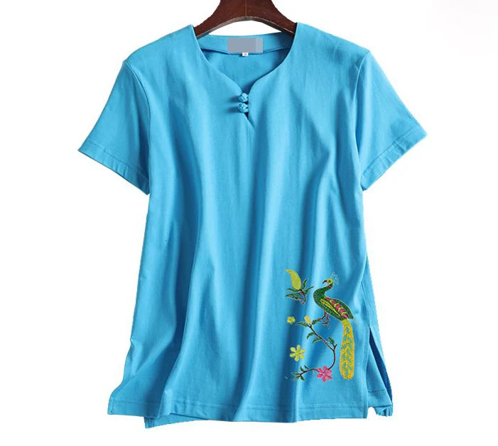 Летние хлопковые рубашки с вышивкой в виде павлина коротким рукавом стиле